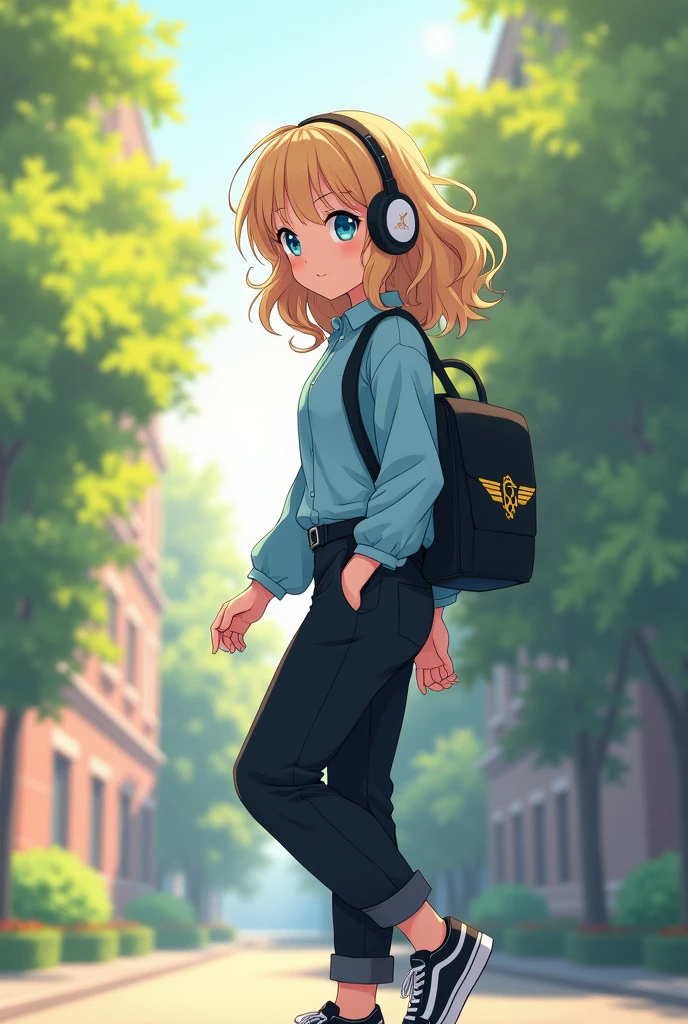 A young girl wear headphone walking around university in the morning, the angle is from left. She have a medium long hair, wavy, golden colour, with blue eyes. The headphone is black colour. Her outfit is ice blue blouse and black trousers. With black and white checkered shoes sneakers. And wear black backpack with golden logo in the bag. Anime style