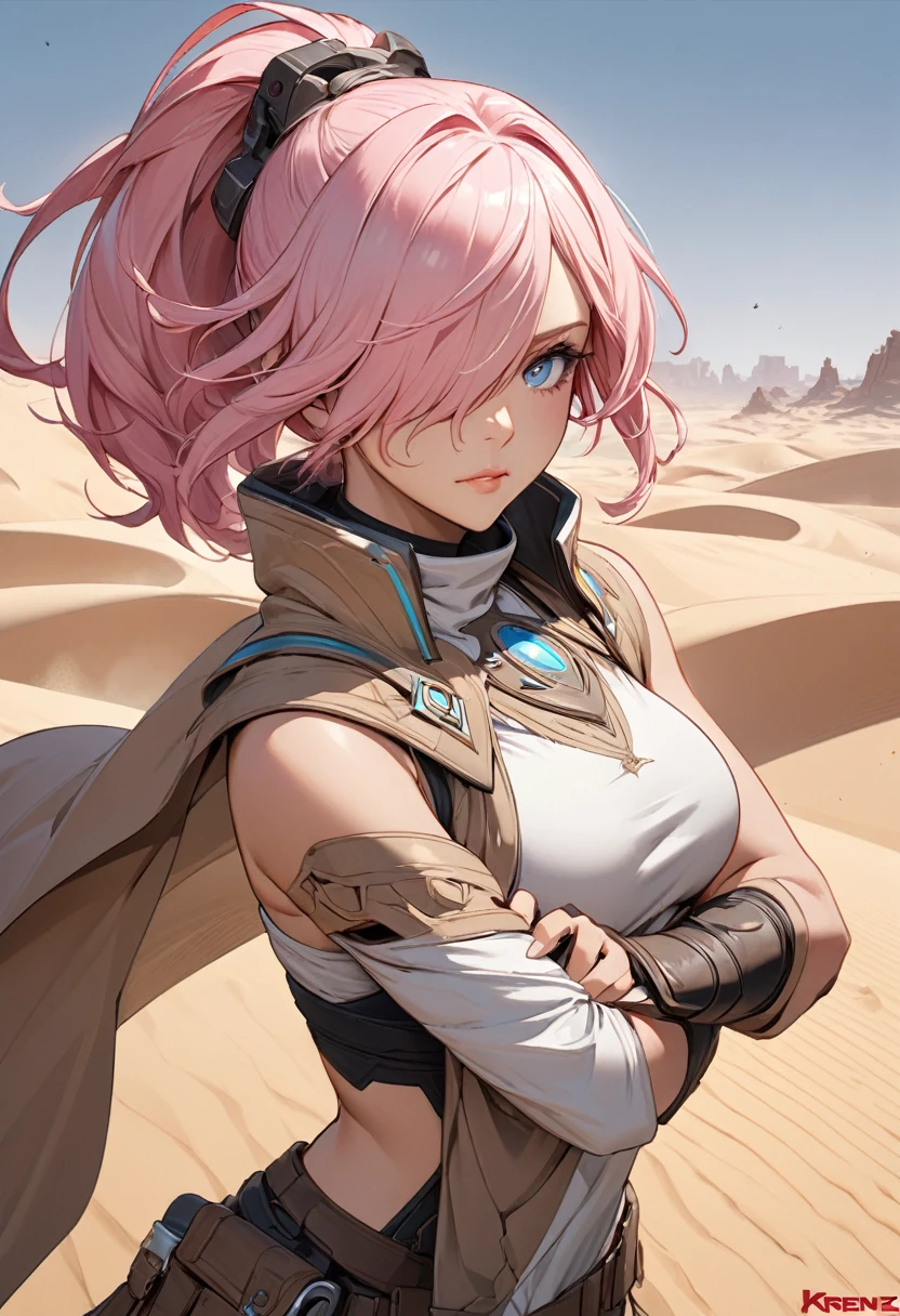 masterpiece, best quality half body, ultra realism, 1 female, (long_ponytail wavy tip pink color hair), (hair over one eye:1.3), detailed beautiful eyes, detailed gorgeous face, dune, borderland guardians, wearing sand-colored desert cloak, warfare, mask, desert canyon background, perfect anatomy, dynamic pose, intricate details, PIXIV, krenz cushart, anime,