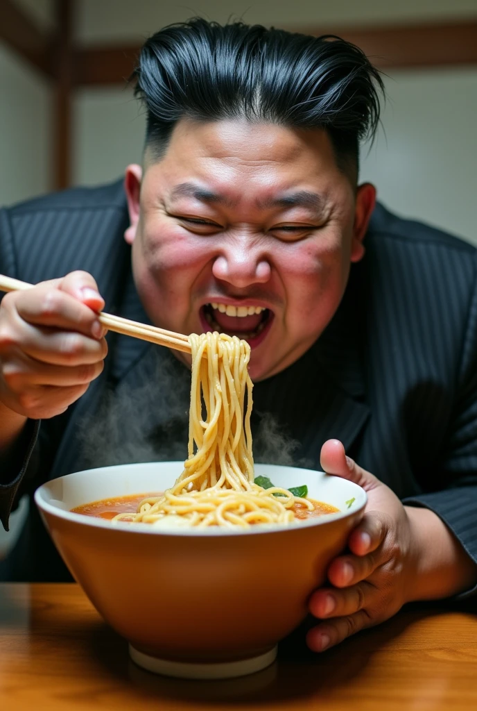 Kim Jong Un slurping ramen with all his might