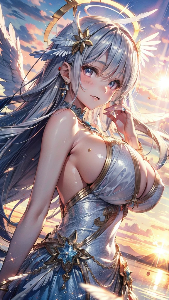 Particles of light, (Dazzling Light:1.2),(1 Angel Girl:1.2),26yo,Nice, Adult face,Beautiful Face, (Face close-up:1.1),Big Breasts(Large Breasts:1.2),Big angel wings.,Angel wings growing(Giant angel wings:1.2),(Cute Smile:1.2), pink gold long hair, Silver Eyes, Detailed eyes, (Huge bright halo:1.2),(Decorative halo:1.2),Face close-up,(Putting jewelry in your hair:1.2), (hair ornaments:1.2),(Dress Sparkle:1.2),(Detailed decoration on the dress:1.2),(Reflection of the dress:1.2),(A strong wind is blowing), fly in the sky, , (dawn:1.2), (Heaven in the background:1.2), Huge sky, cloudy,(Light of the sun:1.2), (Lens flare:1.2), (Many silver feathers are flying:1.2), ,(white dove flying:1.2),Perfect Anatomy,Accurate anatomy,Sexy pose,Various poses