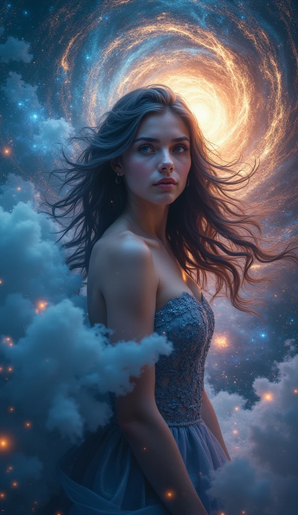 a mystical and ethereal landscape, a young woman surrounded by swirling energy and cosmic forces, her eyes glowing with an otherworldly power, intricate fractal patterns in the background, dramatic lighting, cinematic composition, rich jewel-toned colors, dreamlike atmosphere, detailed facial features, flowing hair, elegant dress, graceful pose, photorealistic, 8k, highly detailed