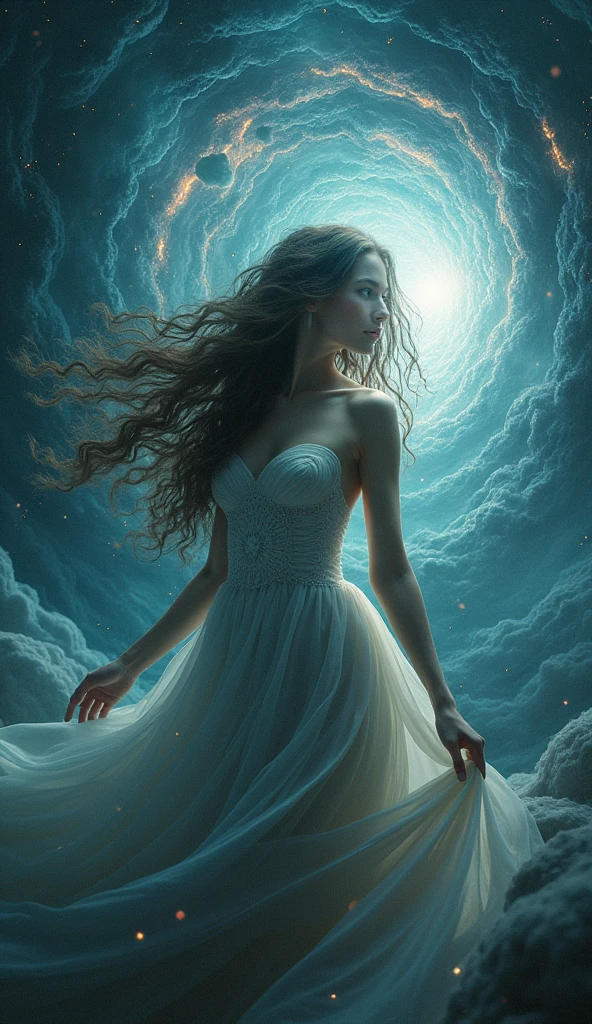 a mystical and ethereal landscape, a young woman surrounded by swirling energy and cosmic forces, her eyes glowing with an otherworldly power, intricate fractal patterns in the background, dramatic lighting, cinematic composition, rich jewel-toned colors, dreamlike atmosphere, detailed facial features, flowing hair, elegant dress, graceful pose, photorealistic, 8k, highly detailed