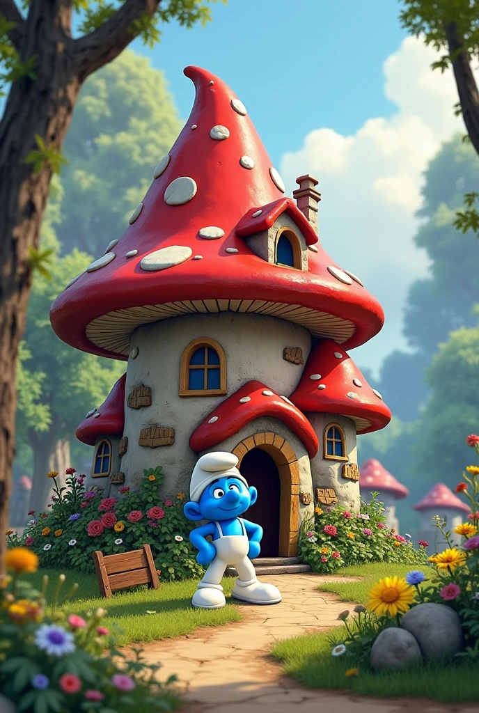 Create an image of the Smurfs' village and make sure they are well detailed., Also their houses must be well detailed mushrooms, if it will be Smurfette, She must have a dress