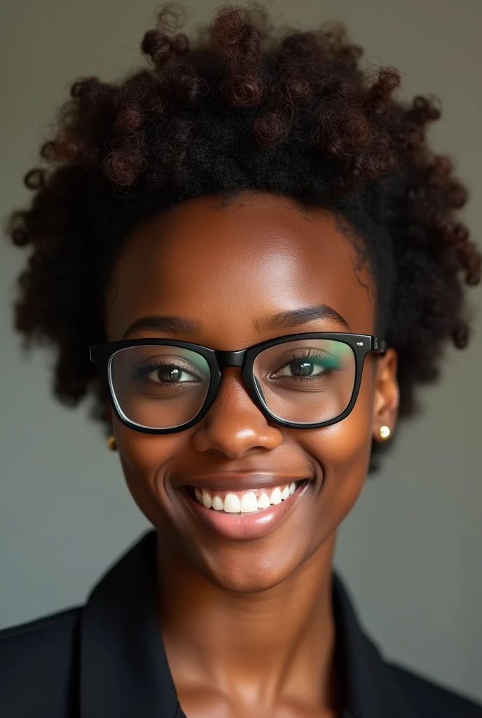 best quality, expressive eyes, smile, perfect face, African female, 23yo African, brown short hair, black eyes, black glasses