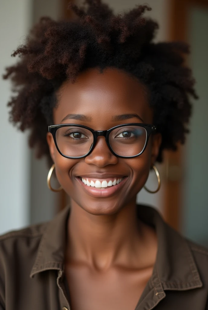best quality, expressive eyes, smile, perfect face, African female, 23yo African, brown short hair, black eyes, black glasses