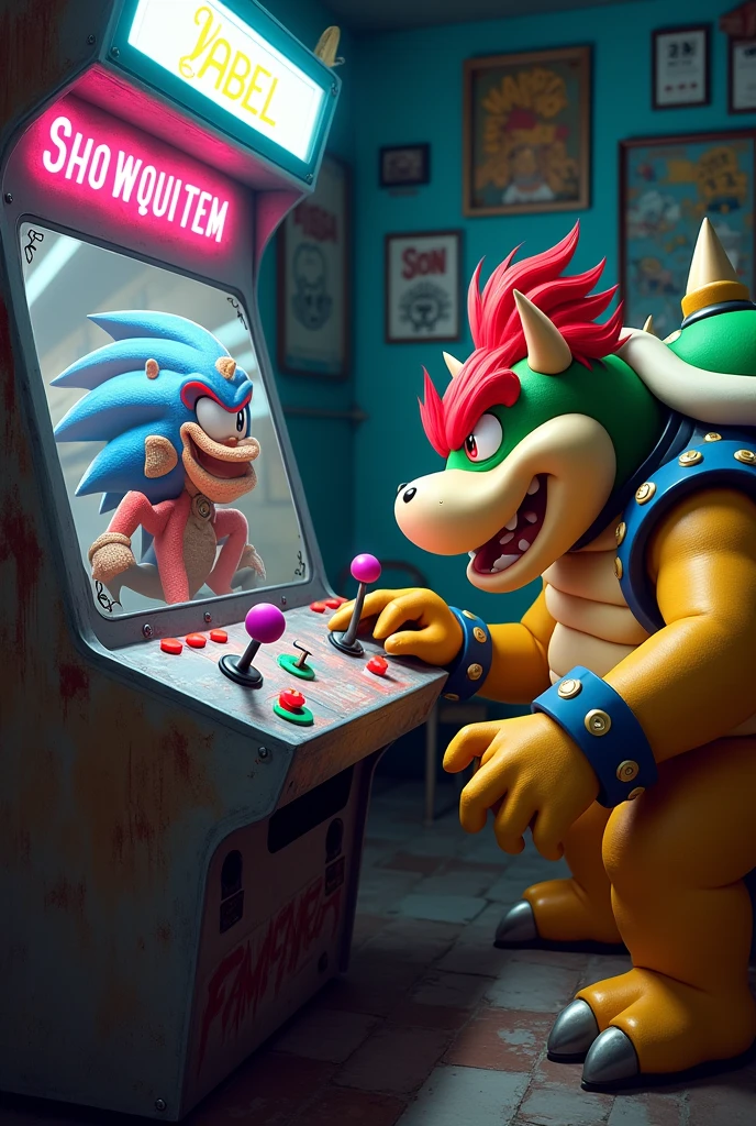 Robotnik from sonic and bowser playing arcade from Label Só 1 Ficha 