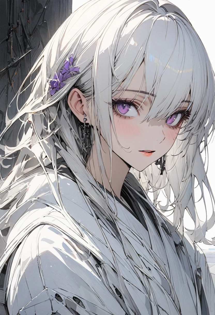 1 woman, striped hair, long white hair, hair between purple eyes, moles under the eyes, blank eyes, white cloth, high detail, conceptual art, japanese cartoon movies, gothic art, masterpiece, super detail, high details, high quality, best quality