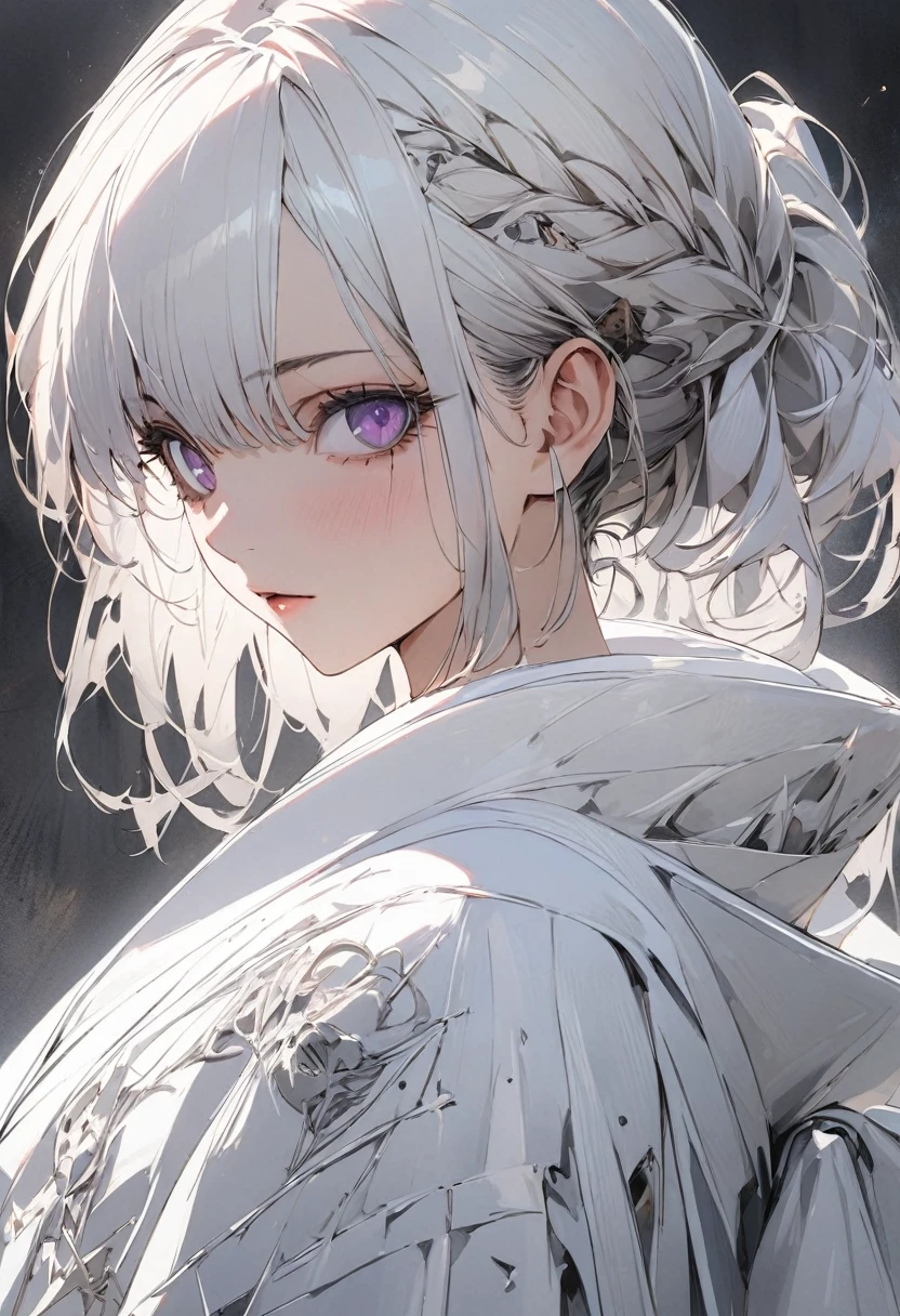 1 woman, striped hair, long white hair, hair between purple eyes, moles under the eyes, blank eyes, white cloth, high detail, conceptual art, japanese cartoon movies, gothic art, masterpiece, super detail, high details, high quality, best quality