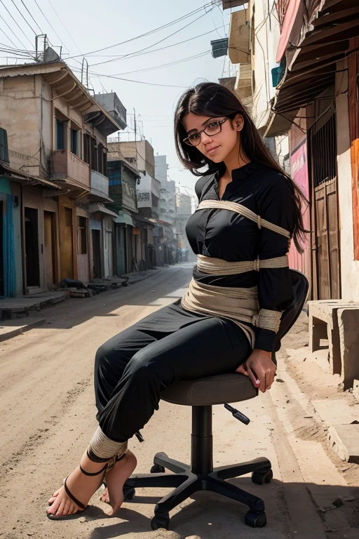 (girl:1.1)1 Pakistani mature girl 28 years old,  whitened complexion, wearing eyesight glasses, beautiful girl near in lahore, food street (best quality,4k,8k,highres, masterpiece:1.2)gazing down at the bustling city below. Dressed in a black Pakistani kurti, medium size bouncy ???????, toned figure, wearing grey jeans, she stands strong against the (wind), her gaze steady and determine, Round neck baggy half sleeve Teeshirt, slim face Lahore Pakistani girl, on a beach

The (architecture) of the surrounding small buildings  a mix of modern and traditional, creating a unique Lahore backdrop. The cityscape stretches out in all directions, with dusty streets and winding alleys, (photorealistic:1.37)capturing the essence of Lahore rich history.

The assassin's (sharp focus) eyes provide a glimpse into her mysterious and dangerous world. Her (long, flowing hair) dances in the wind, creating a sense of (movement) and adding an element of drama to the scene.((( 5 toes, black toe nails, Focus full body, sitting on a chair, tied ankles together,tied arms, with no shoes,)))