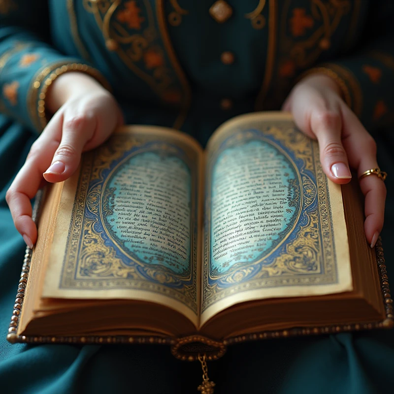 A beautifully detailed open numerology book, intricate blue and golden accents, female hands gently turning the pages, intimate and mystical atmosphere, ultra-detailed, 8k, photorealistic, masterpiece, cinematic lighting, warm color tones