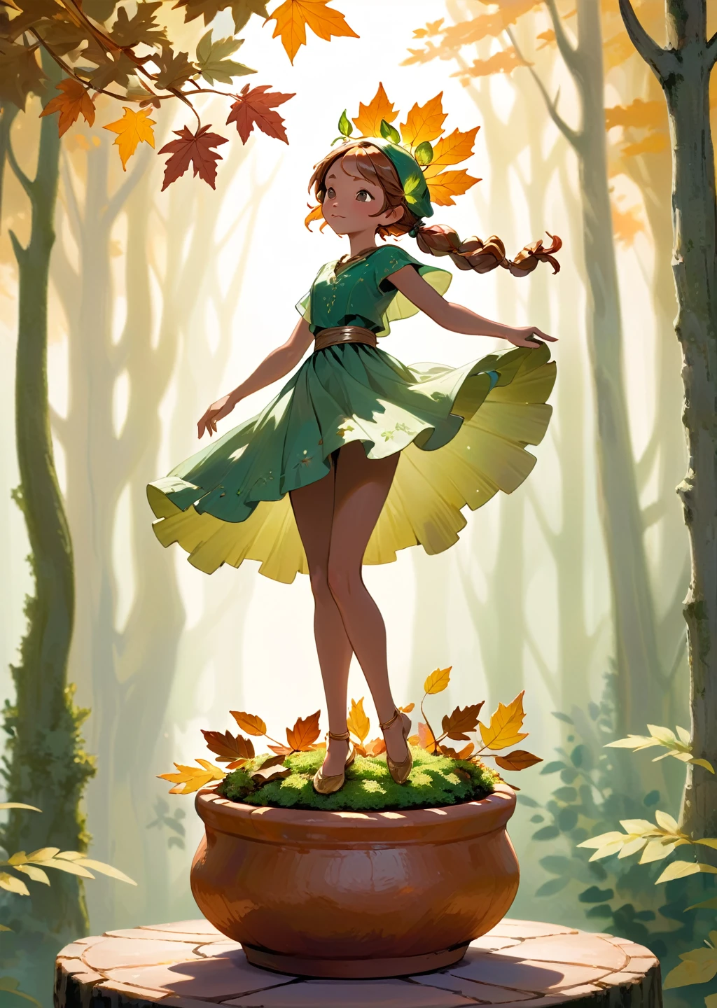 A whimsical miniature figure crafted from delicately arranged autumn leaves dances gracefully on the rim of a weathered, moss- covered terracotta pot. It is set against a lush, vibrant forest backdrop, where dappled sunlight filters through ne canopy above, casting intricate shadows The scene has an ethereal aesthetic with warm, earthy tones of sienna, umber, and olive green, accented by mints of emerald and golden light, evoking a sense of wonder and enchantment, as if 