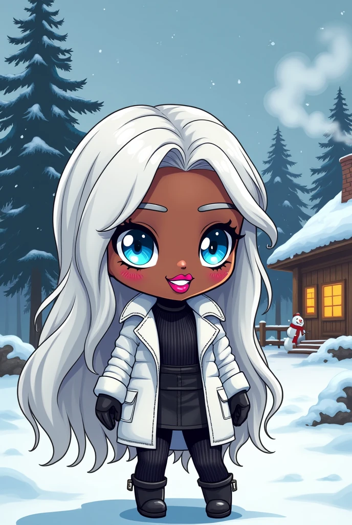 Black woman with long white hair in chibi, blue bright eyes,blue bright eyes,blue bright eyes, skin black, white leather overcoat, black ribbed blouse, leather skirt, black ribbed tights, white boot, pink mouth, red cheek, snowy scenery with ice crystals, snowy scenery with ice crystals, snowman in the background, shining blue eyes, wooden cottage in the background with smoke coming out of the chimney and windows with yellowish light, pine trees ao fundo casa, pine trees, neve, pine trees, neve, others 
