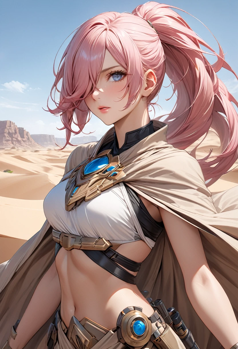 masterpiece, best quality half body, ultra realism, 1 female, long_ponytail wavy tip pink color hair, hair over one eye, detailed beautiful eyes, detailed gorgeous face, dune, borderland guardians, wearing sand-colored desert cloak, warfare, mask, desert canyon background, perfect anatomy, dynamic pose, intricate details,
