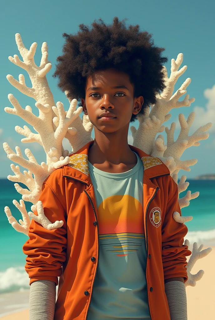 A teenage deliquent boy, his arms are both in a shared cast,he wears brown shorts and a jacket with purple,orange,red and blue colors, he appears a bit muscular and his back has white coral coming out from it
Tanish skin afro hair style, has a shirt with a sunrise design on it his face looks young