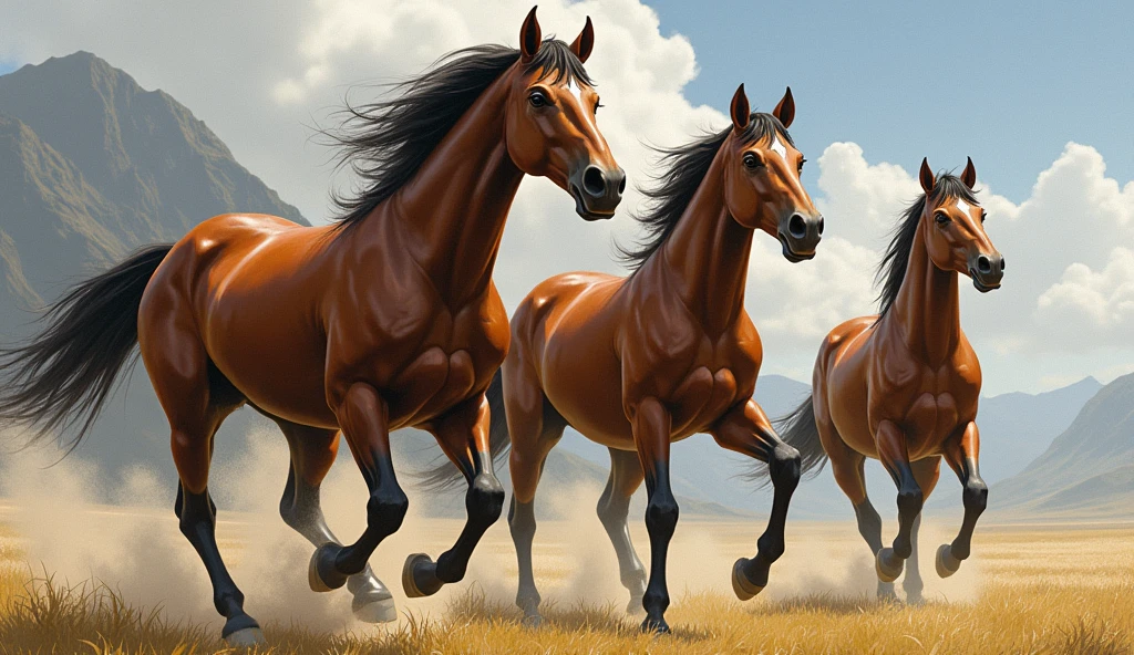 Image of 4 horses, 3 brave and 1 stupid and foolish looking