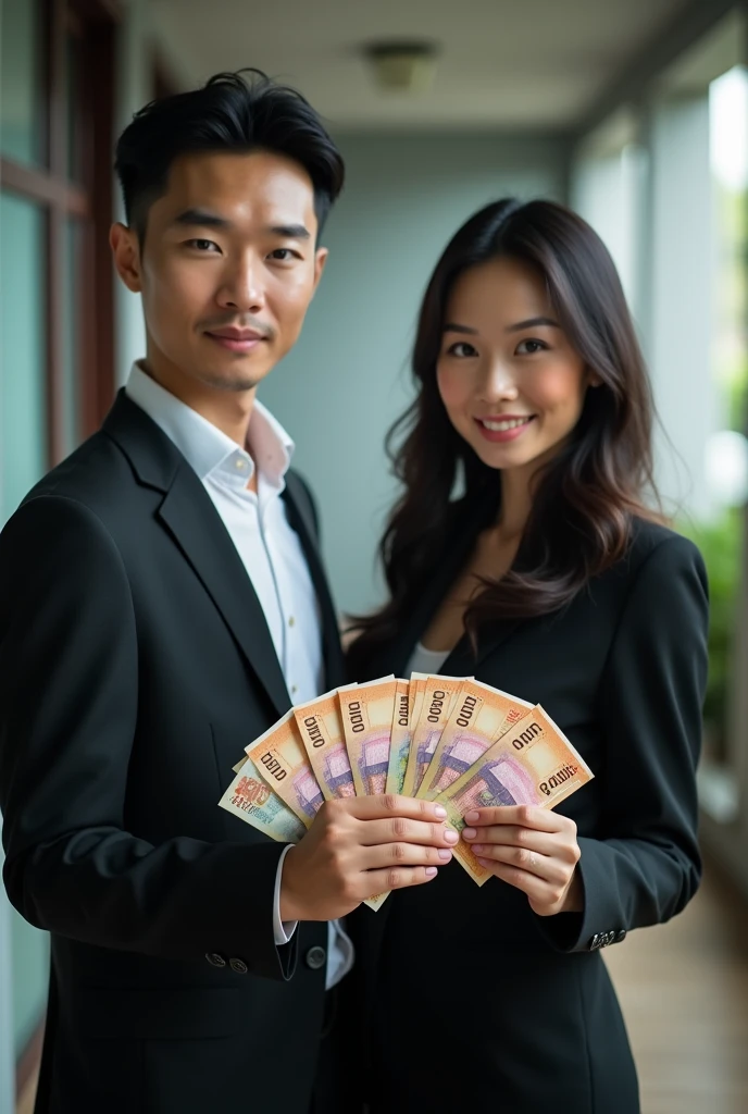 Asian man and woman standing and giving five million Thai baht one thousand baht banknotes together. Realistic Full HD footage.