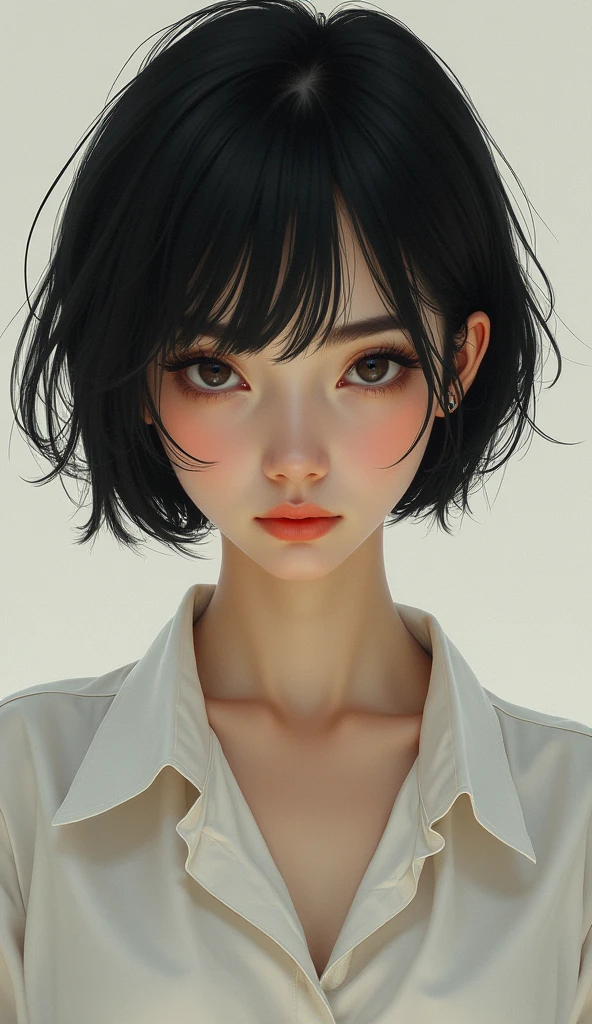 hyper-detailed front portrait of short black-haired woman, front center view, shirt dress, by James Jean style, highly detailed face, digital art, impressionism, deep gaze, princess eyes, best dynamic composition