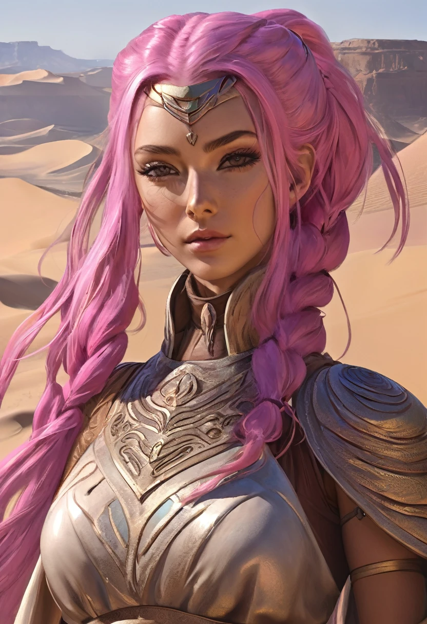 masterpiece, best quality half body, ultra realism, 1 female, long_ponytail wavy tip pink color hair, hair over one eye, detailed beautiful eyes, detailed gorgeous face, dune, borderland guardians, wearing sand-colored desert cloak, warfare, mask, desert canyon background, perfect anatomy, dynamic pose, intricate details,