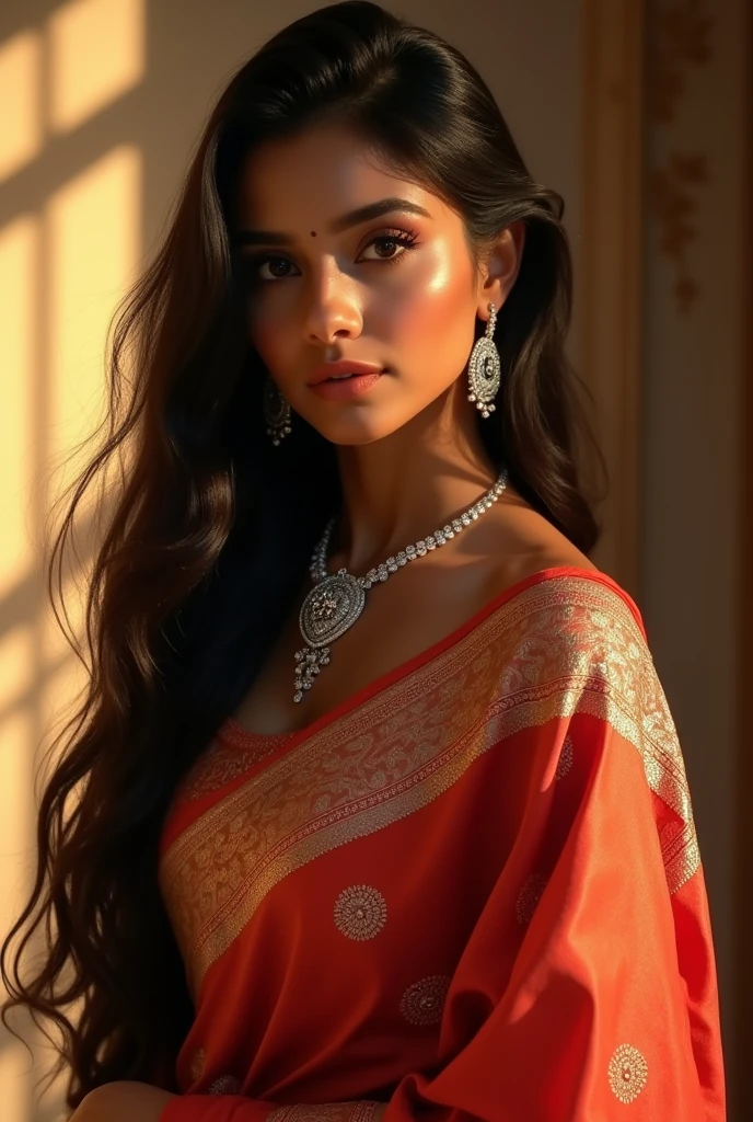 (masterpiece:1.5), high quality, aesthetic photo ,(HDR:1.3), pore and detailed, intricate detailed, graceful and beautiful textures, RAW photo, 16K, diffused sunlight, 8K, RAW photo, top-notch quality, exceptionally detailed RAW color photo, professional-grade photograph, (realistic, photorealistic:1.2), (highly detailed skin:1.1), ultra-high resolution, (lenz 80mm), (F/1.2),a beautiful Indian girl, detailed face, long flowing hair, elegant designer saree, matching blouse and fashion accessories, earrings and heart shaped diamond necklace, perfect midriff, glowing lights, indoors, night time, perfect lighting, ornate architecture, cinematic lighting, vibrant colors, photorealistic, 8k, (best quality,4k,8k,highres,masterpiece:1.2),ultra-detailed,(realistic,photorealistic,photo-realistic:1.37),beautiful detailed eyes, beautiful detailed lips, extremely detailed eyes and face, long eye lashes perfect lighting, cinematic colour grading, focus on girl, hyper realistic, cute and charming, . ((full body shot))