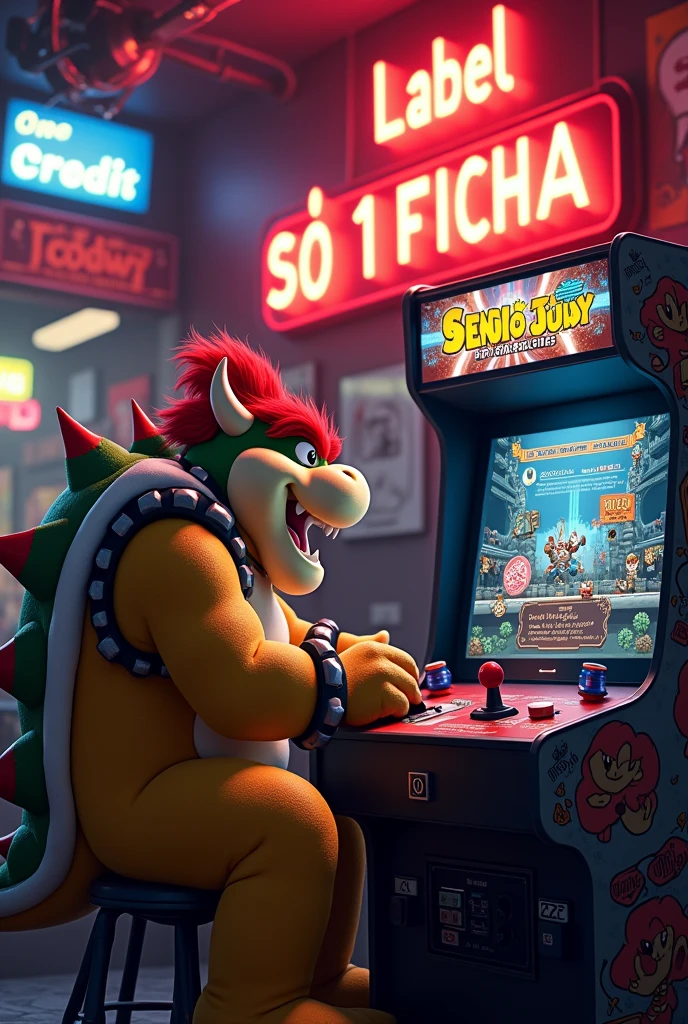 Bowser and Robotnik (sonic rival) playing arcade from label Só 1 Ficha 