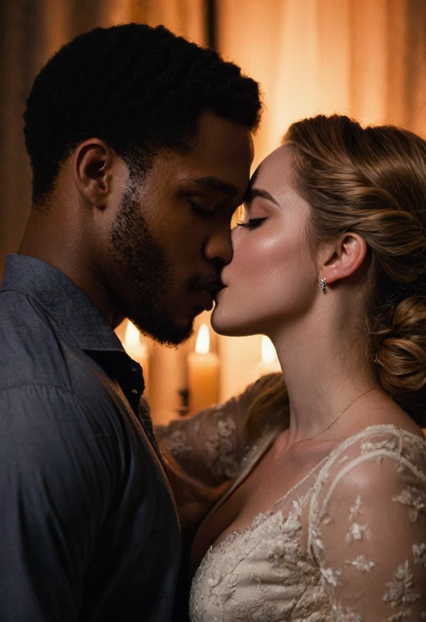 Elizabeth Lail and a handsome African American male whose facial features are a combo of Jovan Adepo + Nathan Mitchell share a steamy kiss inside a bedroom lit only by candlelight. Elizabeth has lovely makeup on her face. Nighttime. Romantic ambiance. Symmetrical eyes. Symmetrical faces. Lovely details. Photorealistic. Full-colored photo. Professional photo. Highly detailed 8K.