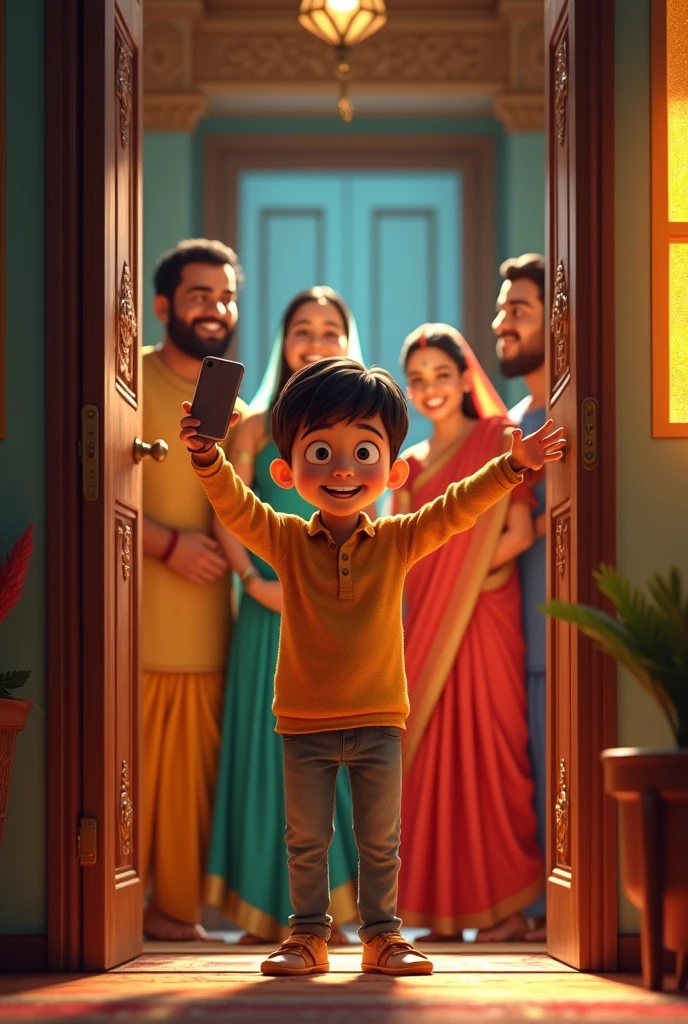 A boy taking door selfie with Indian family