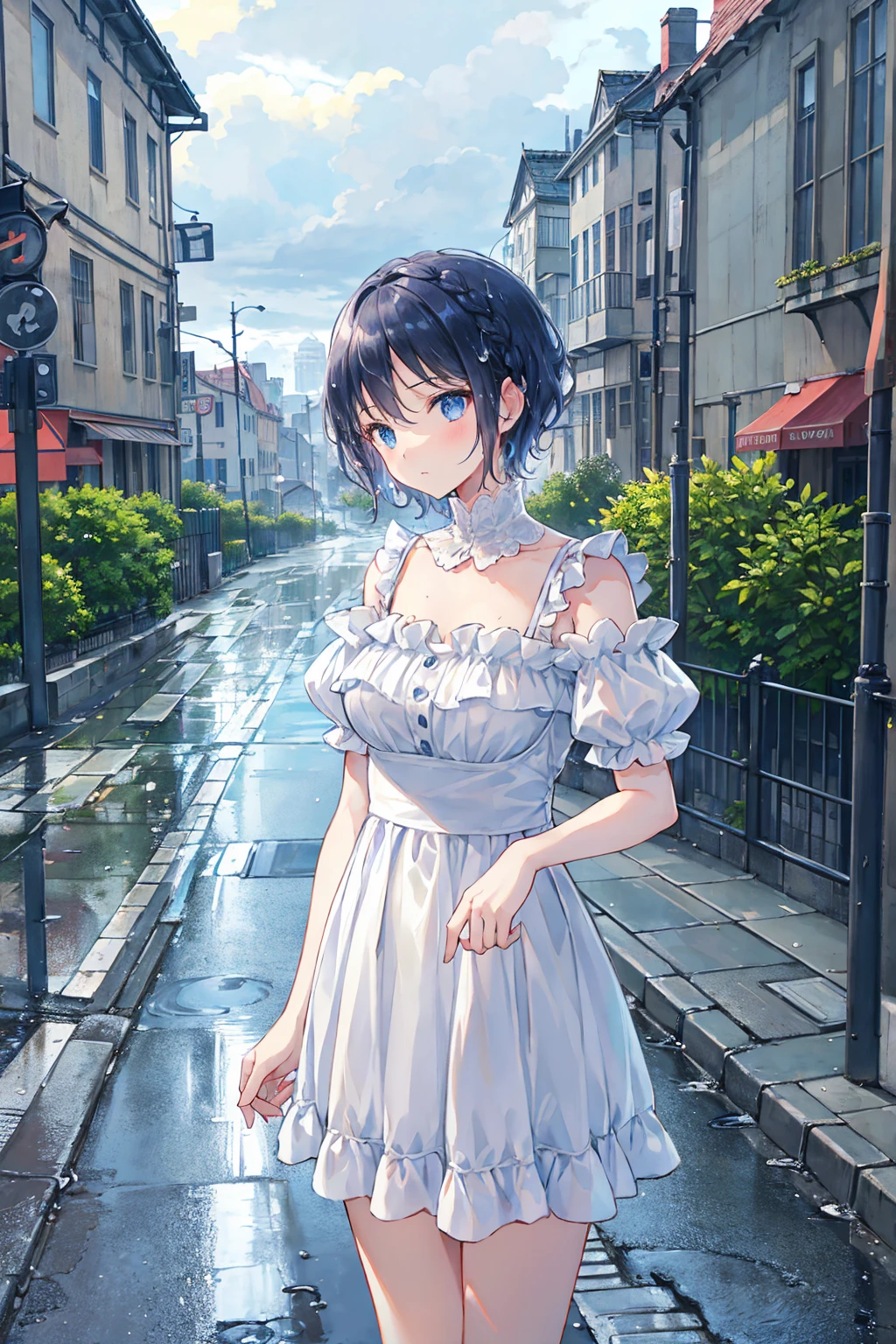 Tabletop, Highest quality,figure, wallpaper, Super detailed, Absurd, One Girl, alone, (Medium Short Hair、Short braided hair), Beautiful attention to detail, Rainfall、Water droplets fall、Wet your hair , Look to the side, (street:1.5), Cloudy、Bright landscape