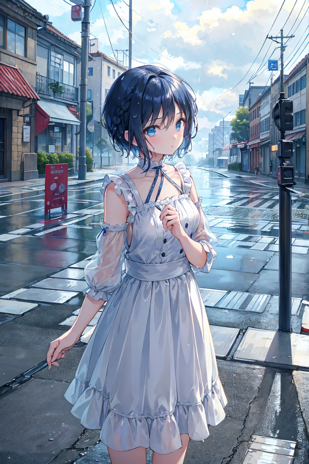 Tabletop, Highest quality,figure, wallpaper, Super detailed, Absurd, One Girl, alone, (Medium Short Hair、Short braided hair), Beautiful attention to detail, Rainfall、Water droplets fall、Wet your hair , Look to the side, (street:1.5), Cloudy、Bright landscape