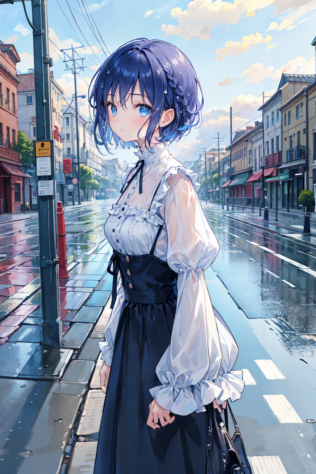 Tabletop, Highest quality,figure, wallpaper, Super detailed, Absurd, One Girl, alone, (Medium Short Hair、Short braided hair), Beautiful attention to detail, Rainfall、Water droplets fall、Wet your hair , Look to the side, (street:1.5), Cloudy、Bright landscape