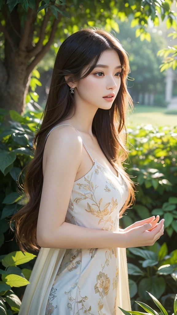 A stunning woman standing in a sunlit meadow. She has long, wavy chestnut hair that cascades over her shoulders, catching the light. Her eyes are bright and expressive, framed by long lashes, and her lips are a natural pink, curved into a gentle smile. She wears a flowing, off-the-shoulder white dress made of light, airy fabric that moves gracefully with the breeze. The dress cinches at the waist, highlighting her slender figure, and ends just above her knees, revealing toned legs. 

Sunlight filters through the surrounding trees, creating a dappled effect on her skin and dress. The background is filled with vibrant wildflowers and tall grasses, adding a burst of color to the scene. The overall atmosphere is serene and enchanting, with a warm, golden glow that enhances the natural beauty of both the woman and the setting. She stands with one hand gently touching her hair, looking slightly off to the side as if lost in a moment of peaceful reflection.