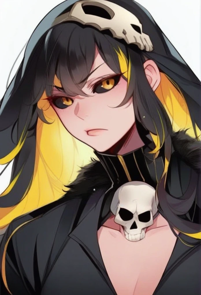 juder_style, score_9, score_8_up, score_7_up, score_6_up, score_5_up, score_4_up, hd, (ultra hd quality details), 8K, 1girl, long hair, Hourglass body, yellow eyes, black hair, yellow highlights, 2d illustration, wavy hair, serious face, combat, black veil, black sclera, skull crown, fur neck
