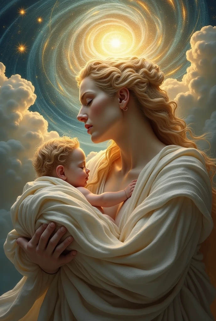 Zeus, trying to make Hercules immortal, she put the baby to breastfeed while Hera was sleeping. When she woke up and realized she was nursing another's child, Hera pushed him away, and the spilled milk spread across the sky, forming the Milky Way.