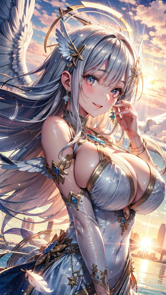 Particles of light, (Dazzling Light:1.2),(1 Angel Girl:1.2),26yo,Nice, Adult face,Beautiful Face, (Face close-up:1.1),Big Breasts(Large Breasts:1.2),Big angel wings.,Angel wings growing(Giant angel wings:1.2),(Cute Smile:1.2), pink gold long hair, Silver Eyes, Detailed eyes, (Huge bright halo:1.2),(Decorative halo:1.2),Face close-up,(Putting jewelry in your hair:1.2), (hair ornaments:1.2),(Dress Sparkle:1.2),(Detailed decoration on the dress:1.2),(Reflection of the dress:1.2),(A strong wind is blowing), fly in the sky, , (dawn:1.2), (Heaven in the background:1.2), Huge sky, cloudy,(Light of the sun:1.2), (Lens flare:1.2), (Many silver feathers are flying:1.2), ,(white dove flying:1.2),Perfect Anatomy,Accurate anatomy,Sexy pose,Various poses