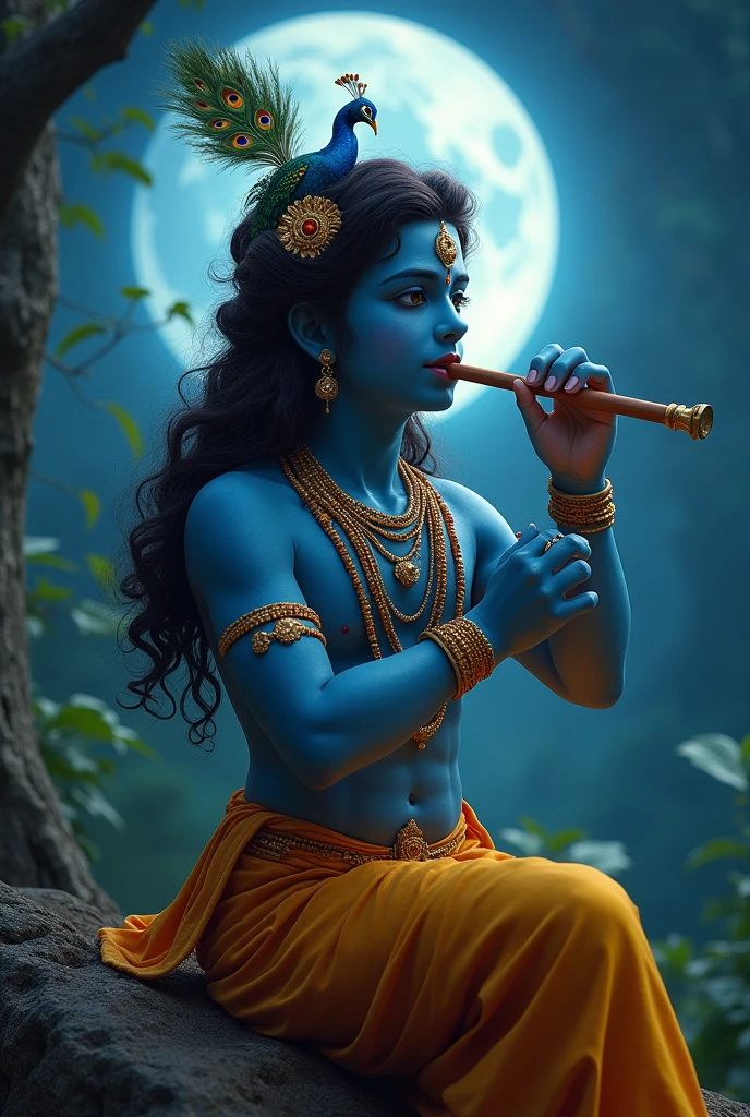 Lord Shree Krishna playing the flute under a
moonlit sky, surrounded by a serene,
lush forest and One Peacock piece on hair