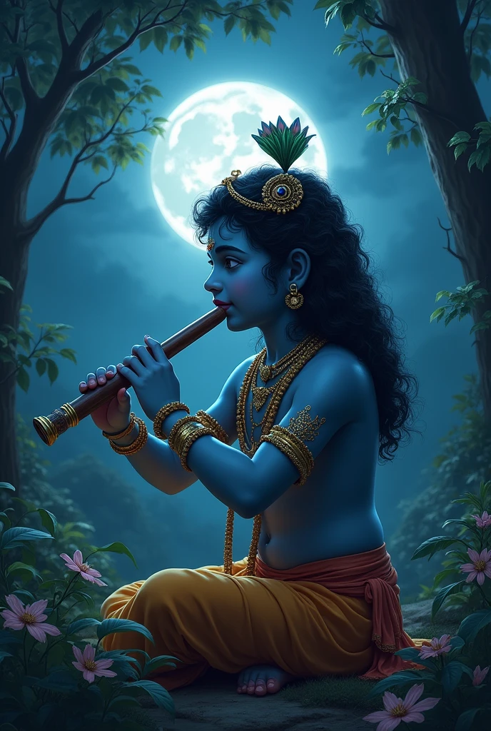 Lord Shree Krishna playing the flute under a
moonlit sky, surrounded by a serene,
lush forest and One Peacock piece on hair