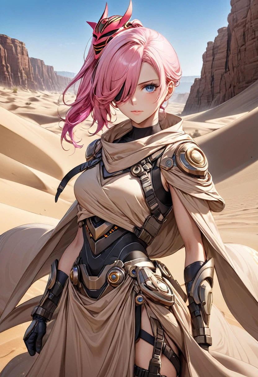 masterpiece, best quality half body, ultra realism, 1 female, long_ponytail wavy tip pink color hair, hair over one eye, detailed beautiful eyes, detailed gorgeous face, dune, borderland guardians, wearing sand-colored desert cloak, warfare, mask, desert canyon background, perfect anatomy, dynamic pose, intricate details,