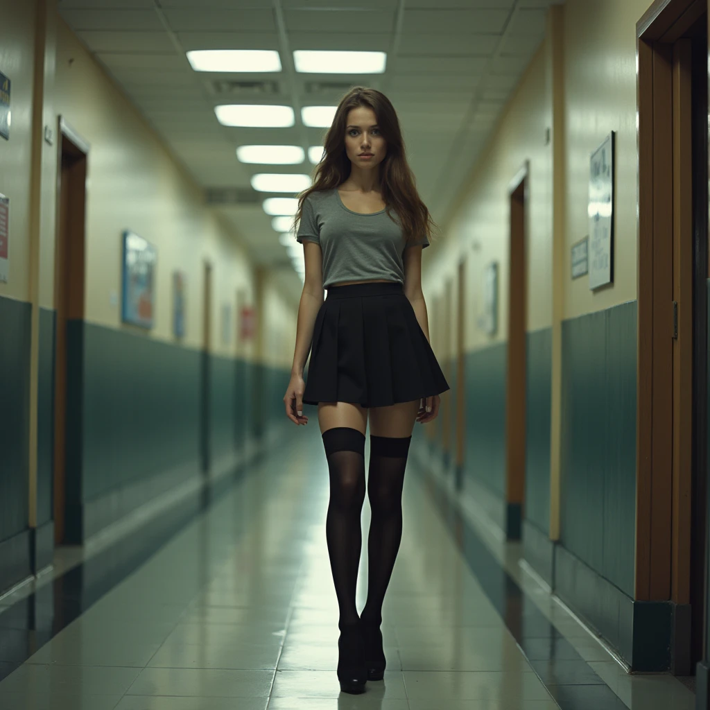 18-year-old European girl in a school lobby. She's blessed with thick hips, thighs, and calves. Sporting a t-shirt, miniskirt, and stockings paired with high heels, she's quite the sight. The camera angle is low, and there are fisheye effects to enhance the scene. Her skin is meticulously detailed, and the soft lighting adds a certain allure. The film grain effect adds a touch of vintage charm. With a beautiful face adorned with makeup, she gives off a suspicious look. The shot was taken with a Fujifilm XT3