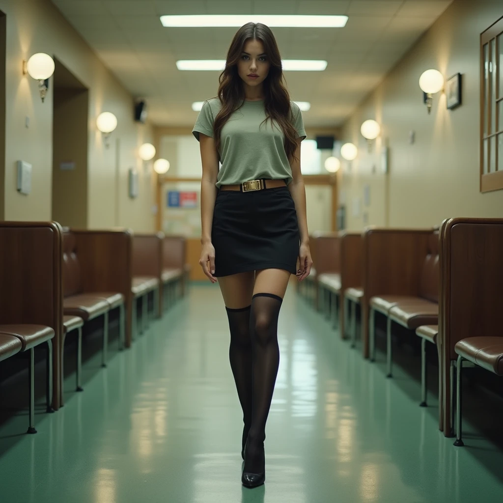 18-year-old European girl in a school lobby. She's blessed with thick hips, thighs, and calves. Sporting a t-shirt, miniskirt, and stockings paired with high heels, she's quite the sight. The camera angle is low, and there are fisheye effects to enhance the scene. Her skin is meticulously detailed, and the soft lighting adds a certain allure. The film grain effect adds a touch of vintage charm. With a beautiful face adorned with makeup, she gives off a suspicious look. The shot was taken with a Fujifilm XT3