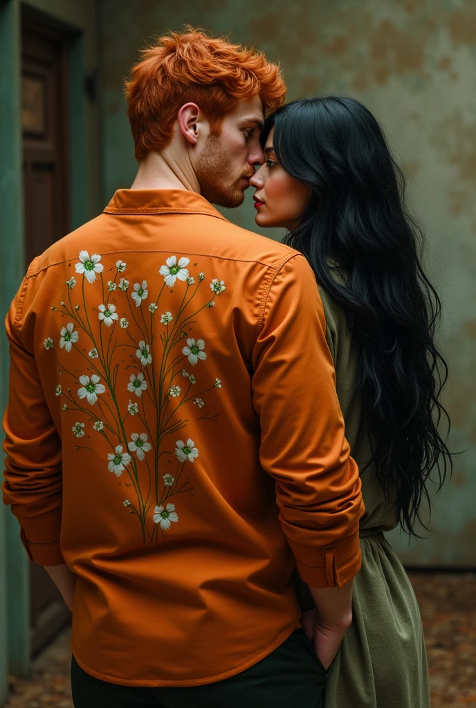 A freckled red-haired man with vibrant green eyes, wearing an orange long-sleeved shirt with several white flowers on the front and jeans. With his back to a man with black hair and black eyes, Strong and sturdy