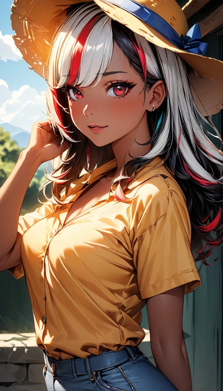 (highest quality:1.2, Very detailed, up to date, Vibrant, Ultra-high resolution, High Contrast, masterpiece:1.2, highest quality, Best aesthetics), Portraiture、girl、singer, solo, ((25-years-old:1)), Bright colors, Beautiful fine details、Beautiful lip detail、medium wave hair、red and white ((streaked hair:1.6)), highlights hair: 1.5, red eyes, slim body, medium breast, (tan skin:1.1), (Floral Fineline tattoo design on left arm:1), ((sexy cowgirl:1.5)), (yellow cowboy hat:1.5), short sleeve plaid shirt, jeans, farm house, blue sky, (cowboy shot:1.5),
