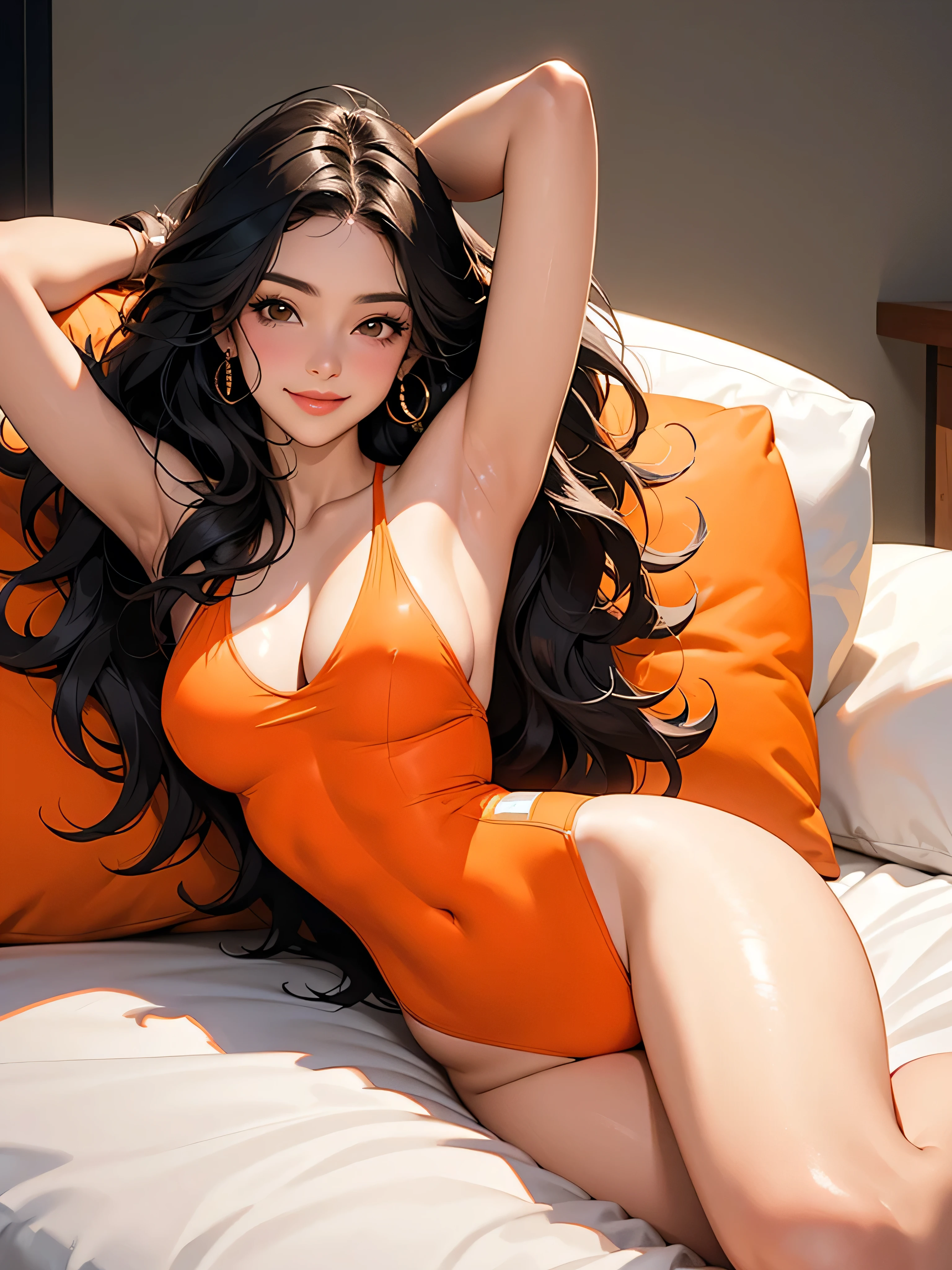 A playful Latina woman with long, voluminous wavy hair,A model lying on a soft sofa or bed, with one arm raised above her head and the other resting alongside her body, smiling softly at the camera.She is wearing an orange one-piece swimsuit.