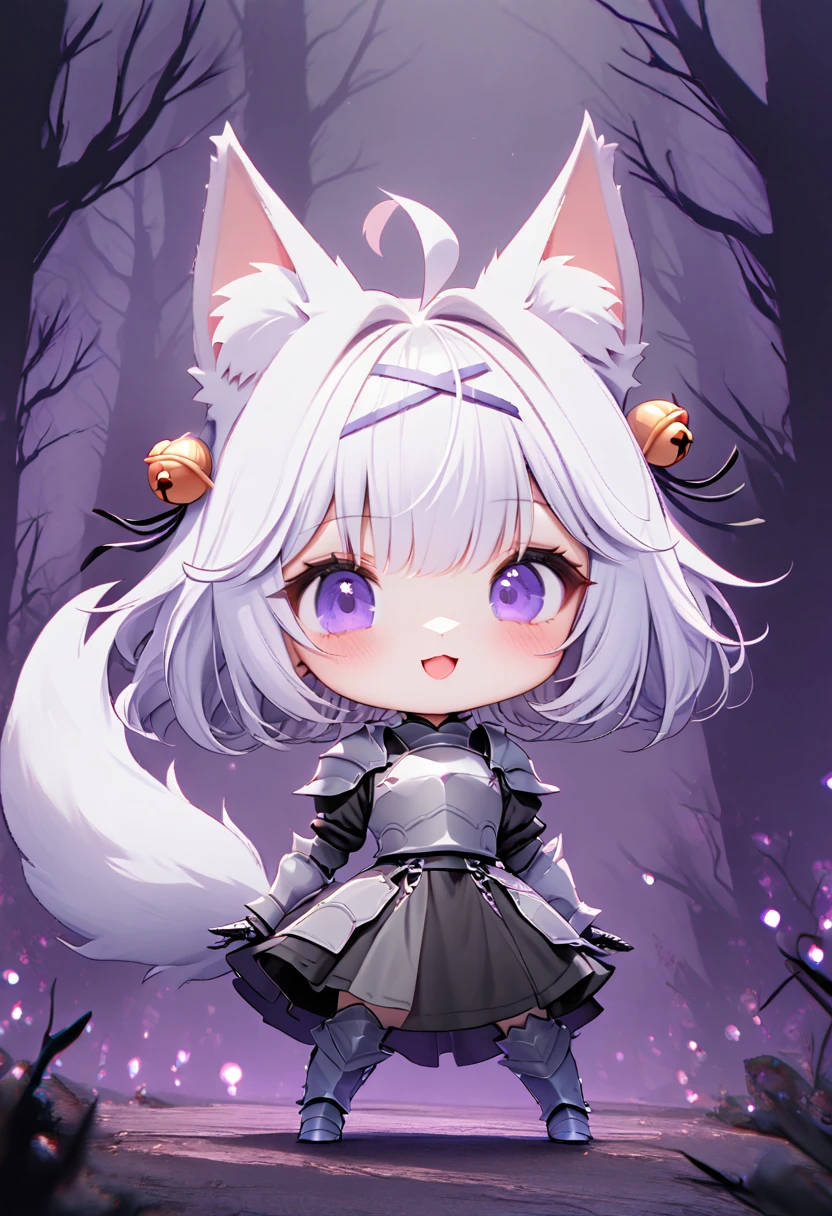 master piece, best quality, ultra-detailed, illustration, 1girl, solo, chibi, (big head), cute pose, front view, looking at viewer, ((full body Close up)), filian, filianoverall, Filiansailor, ((white hair)) , short hair, shoulder length hair, fly-away hair, bangs, purple hairclip, purple hair ornament, cat ears, (hair bell:1.3) ahoge, purple eyes, open mouth, smiling, (white fox tail), ((knight outfit)), knight's armor, metal breastplate, armored gloves, weilding 1axe , glowing weapon , metal greaves, armored boots, spooky forest background, gloomy atmosphere, broken trees