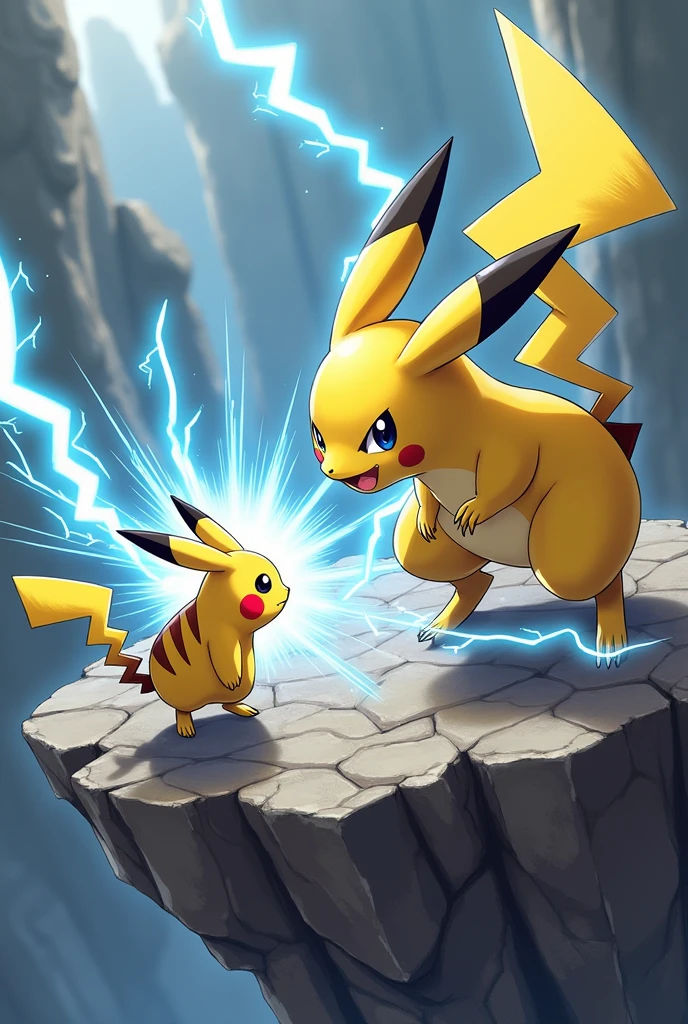 Pikachu and Raichu in a battle with a rock-like platform