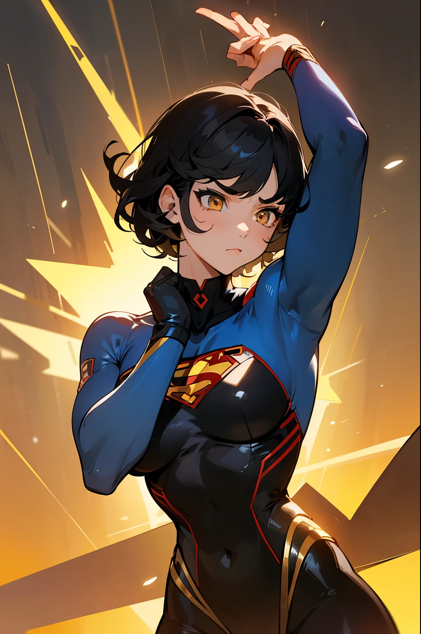 1female , undercut hair , wavy hair ,short hair, black Hair , golden Eyes , muscular ,teen female , Serious Expression , Modern City Background , Big symbol on chest, modern city background, upper body, superman shirt, arm, black arm sleeves, superhero suit, Superman S Symbol, black leotard outfit, big red S symbol
