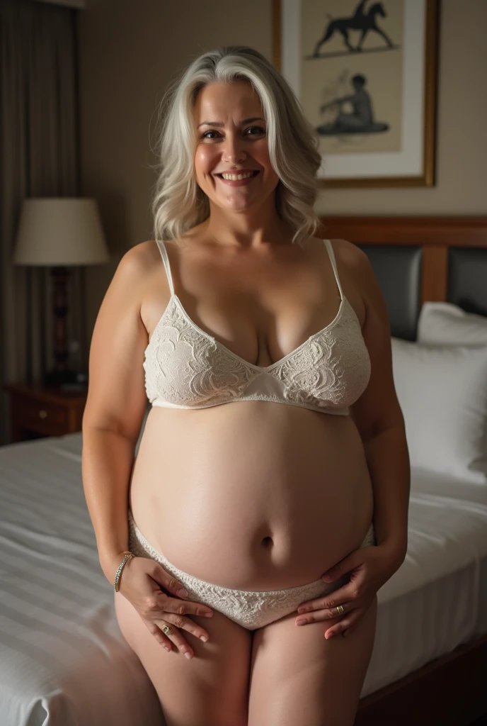 super high quality, Background Blur, In a hotel room, gravure, I'm sticking out my, 65 years old, ，Fat belly，Very plump, From the chest up, masterpiece, Highest quality, Very detailed, Realistic, Ultra-dense skin, Perfect Anatomy, Plump Mature Woman, Wrinkles around the eyes, , Big Breasts, In underwear, A shy toothy smile, Chubby, Glamour, sexy, Pure white skin, Looking at the audience,