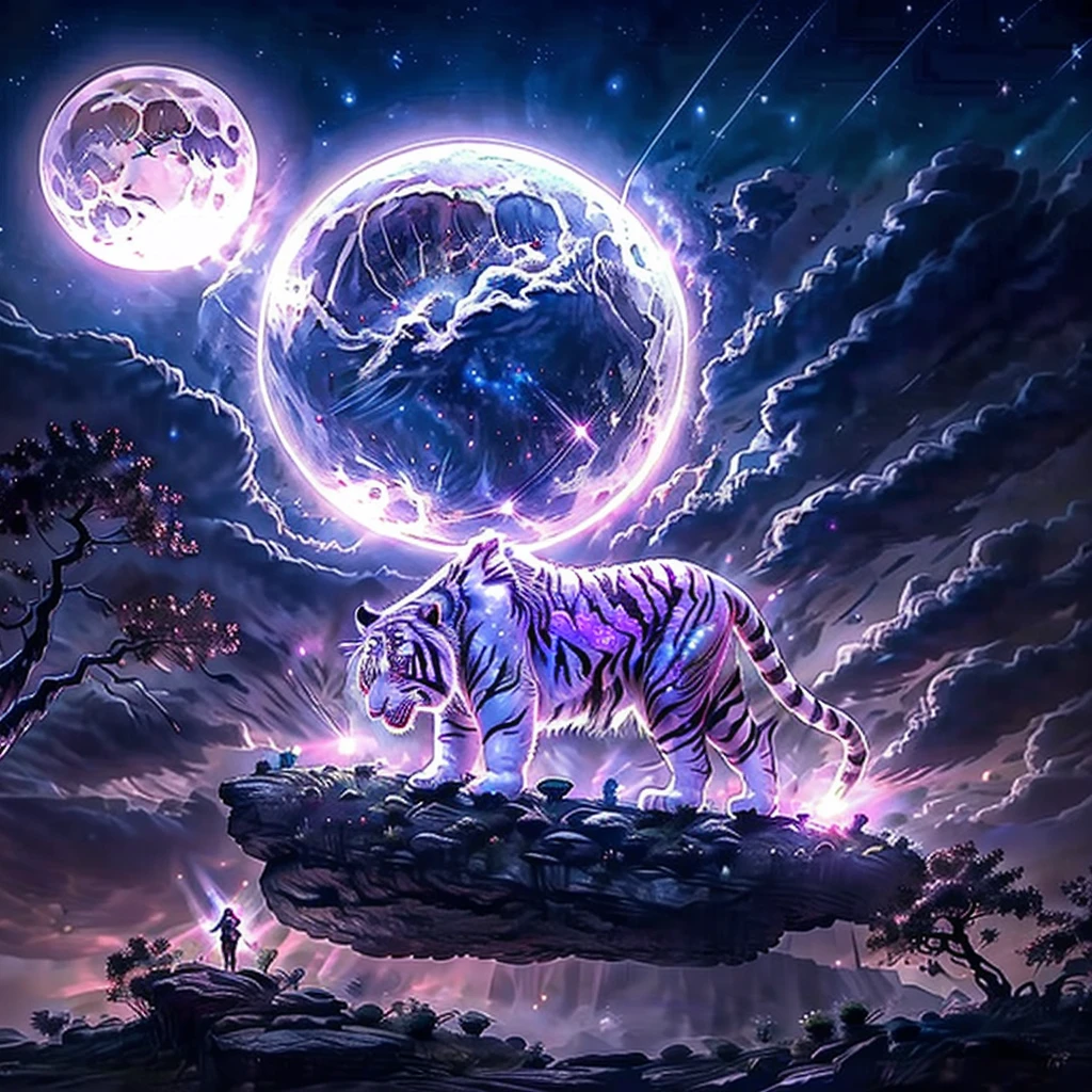 extensive landscape photography (a view from below showing the sky above and an open forest below), white tiger standing on a paved path looking at the landscape, full fur, magical fur (light particle around the white tiger), magic particle, magical fur (long and bushy), night setting, (full moon: 1.2), (shooting stars: 0.9), (nebula: 1.3), (warm light source: 1.2), (firefly: 1.2), (snowflake: 1.0), (snow on tree) (masterpiece: 1.2), (best quality), 4k, ultra detailed, (dynamic composition: 1.4), very detailed and colorful details, (iridescent colors: 1.2), (bright lighting, ambient lighting), dreamy, magical, (alone: ​​1.2)