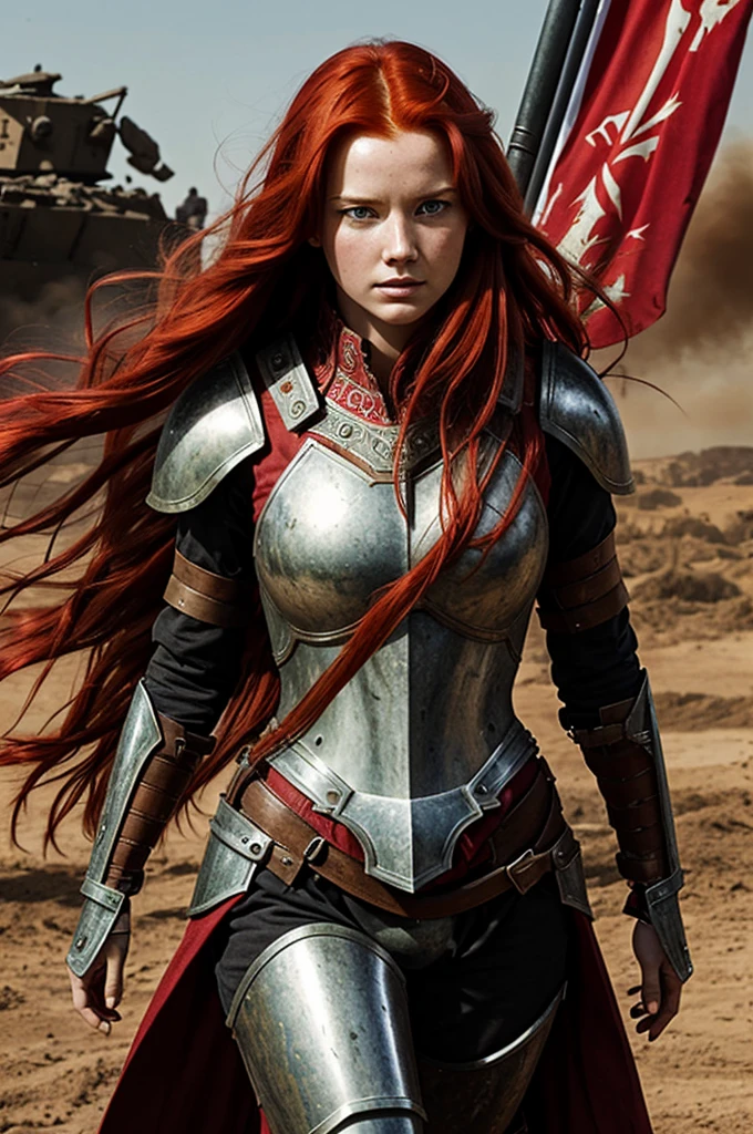 art of a red-haired woman with long, loose hair is on a battlefield, raising a red flag to the sky. She wears metal armor with ornate details., showing signs of recent battles, with marks and scratches.