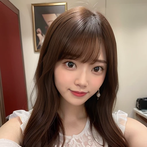 masterpiece, Best Quality,, Ultra-detailed, finely detail, hight resolution,1girl, blunt bangs, smile, blush, bed, breasts, white princess dress, sitting、nogizaka、Beautiful brown eyes:1.3、17-year-old, red head, absurdrez, sensual, elegante, charm, shiny skin, dinive, red enamel, jewelry, full body, ultra detali, high qualiy, work of art, face detailed, gorgeous eyes(detailedeyes), a face of perfect proportions