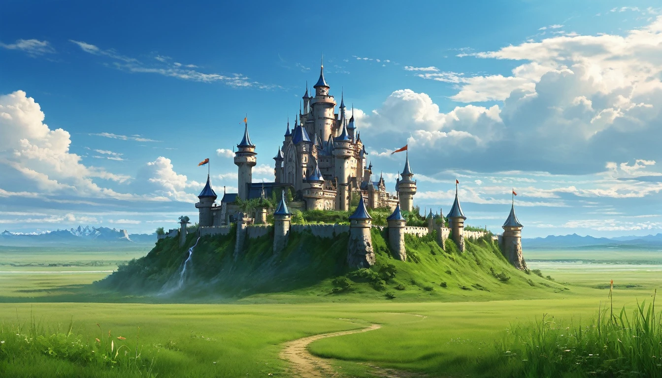Fantasy, grassland, There is a large Western-style castle in the distance.