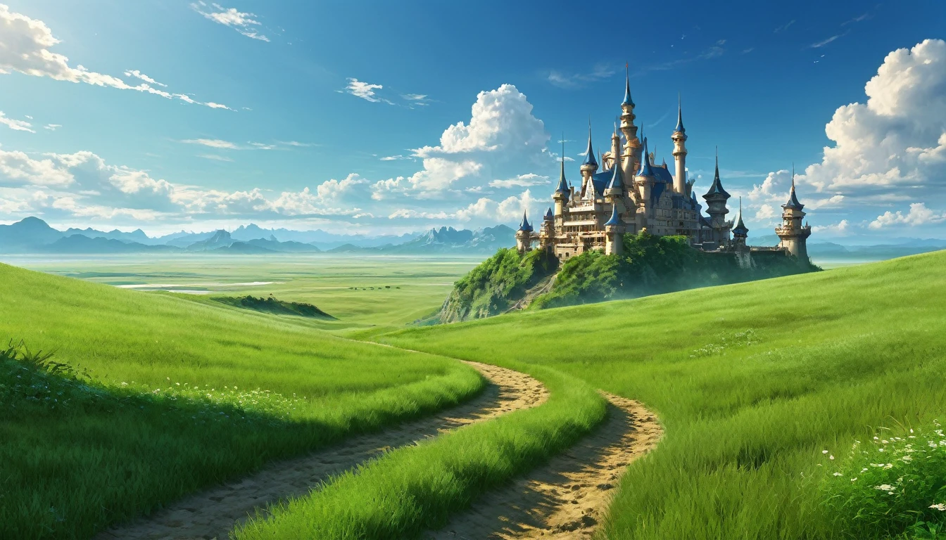 Fantasy, grassland, There is a large Western-style castle in the distance.